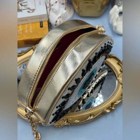 🆕 BETSEY JOHNSON 🧿 NWOT Eyes Have It, Gold Evil Eye Bead Crossbody Bag *FLAW* - Picture 11 of 16